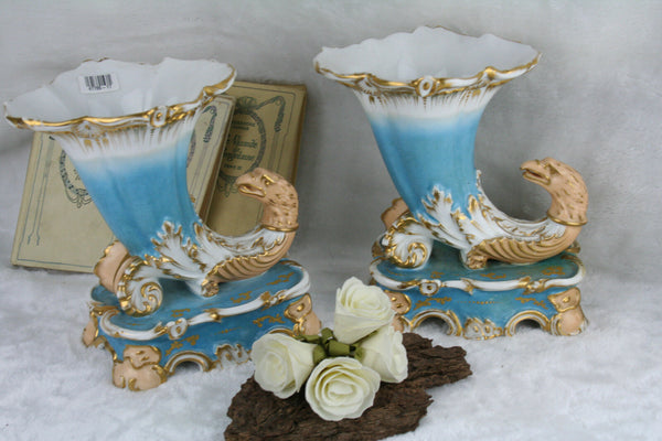 1880 Antique French PAIR Cornucopia horn dragon chimaera paris porcelain statue