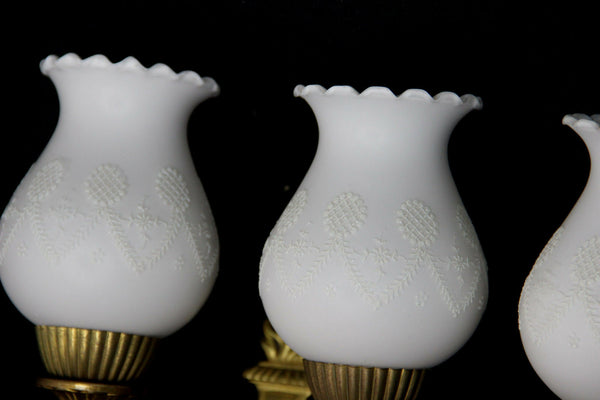 PAIR French Empire white louis XV glass shades Bronze swan wall lights sconces
