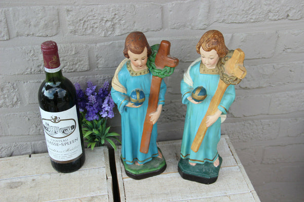 PAIR antique French chalkware Child Jesus Figurine statue with crucifix