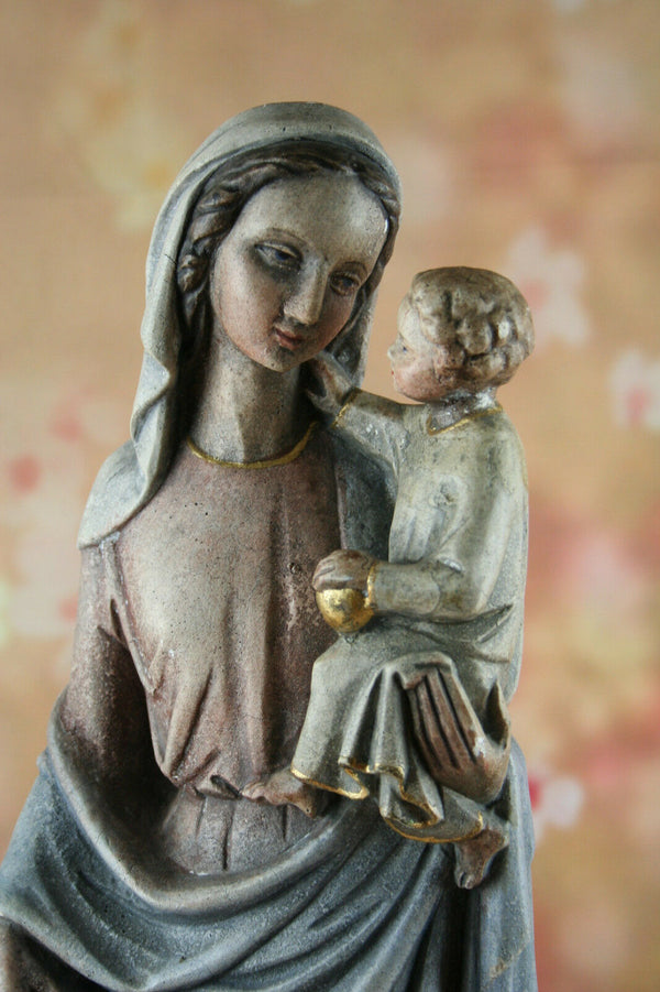 Antique French Holy Mary plaster statue pastel colors serenity 18.5