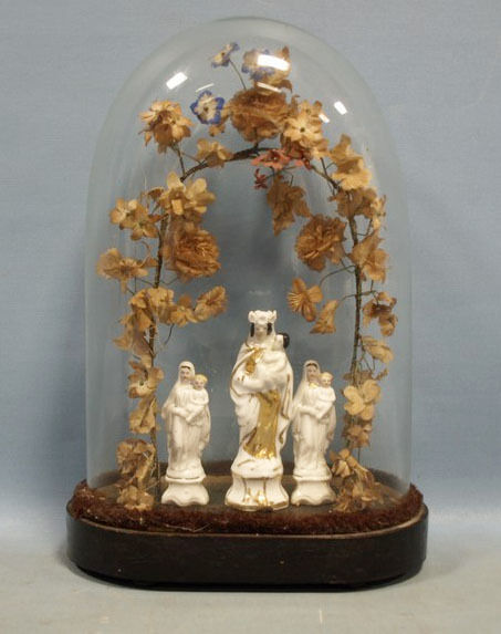 Gorgeous Vieux PARIS porcelain Madonna figurines Dome glass Set flowers silk