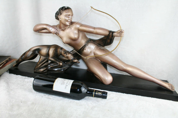 HUGE XL ART deco chalkware Hunting lady with whippet greyhound bow wood base