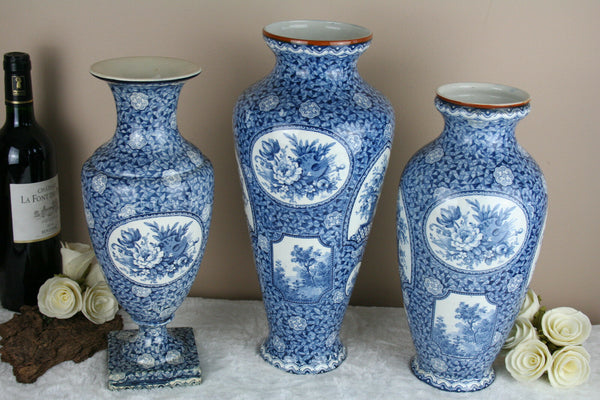 Set 3 Antique Royal bonn Blue white flamand decor nature theme Vases marked