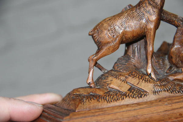 Antique Black forest Swiss wood carved box jewelry trinket 19th c deer animal