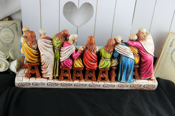 XL French Chalkware Polychrome LAST supper Jesus religious statue sculpture 1900