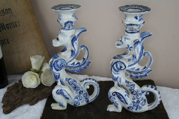 PAIR 1930 Delft pottery marked Dragon gothic candle holders rare special pcs