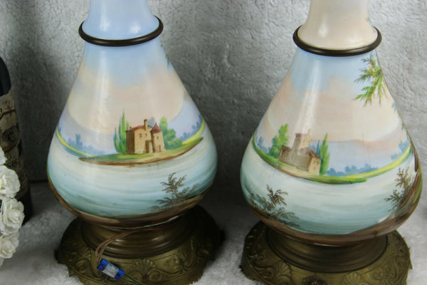 XXL PAIR antique French vieux paris porcelain hand paint table lamps romantic