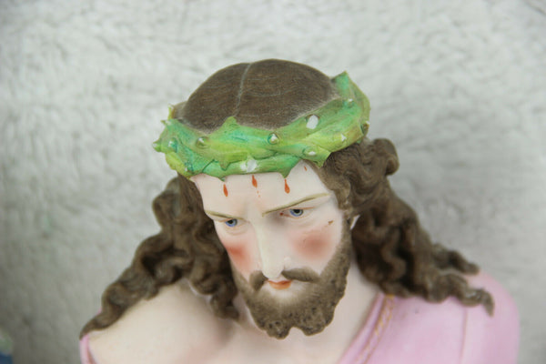 PAIR Antique VIEUX ANDENNE porcelain buste JESUS Mary Statue religious