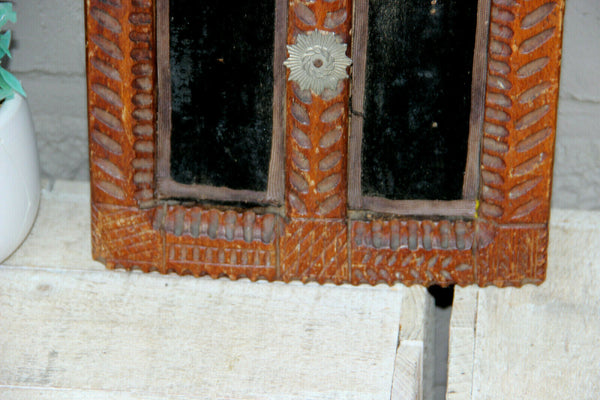 Antique Religious french wood carved crucifix on velvet metal christ