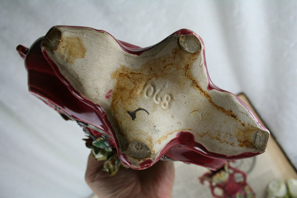 Antique French 1900 art nouveau Barbotine Majolica Vases Set center piece