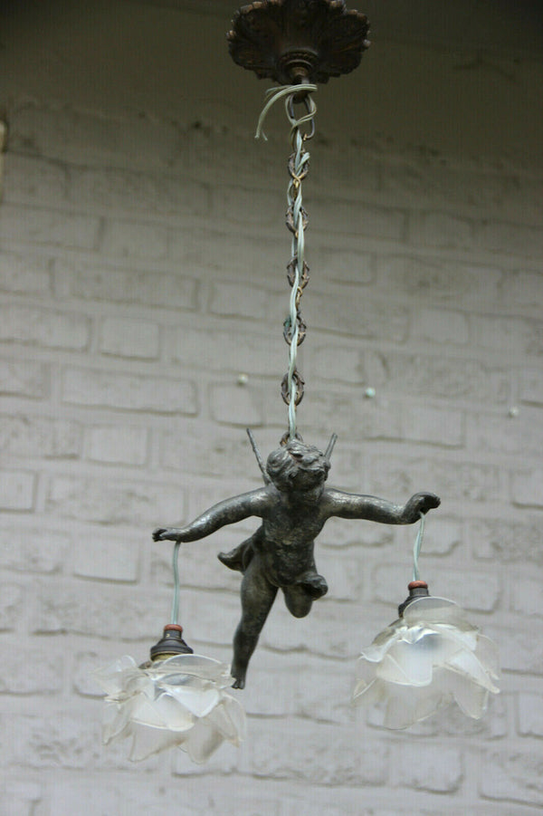 Superb antique parisian spelter bronze putti angel pendant lantern chandelier