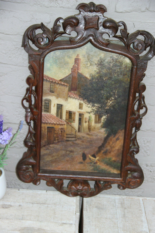 Rare antique black forest wood carved Frame with oil panel painting chickens