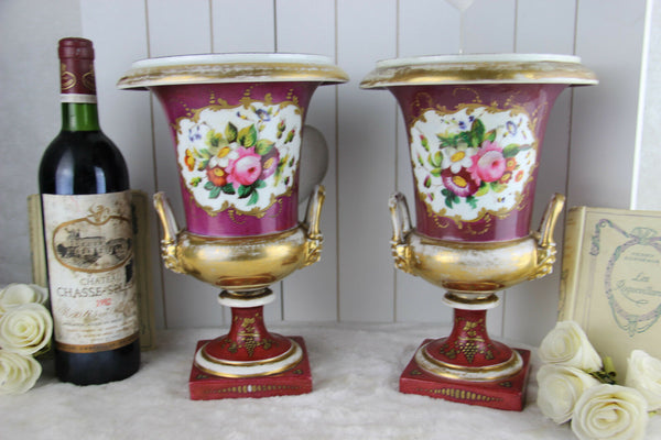 PAIR french empire medici Vases Urns floral decor lion satyr handles 1920