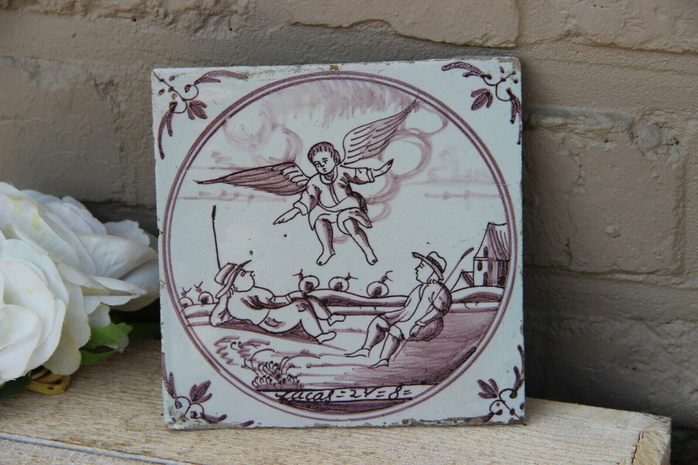 Antique DELFT pottery manganese bible scene religious tile 1800s