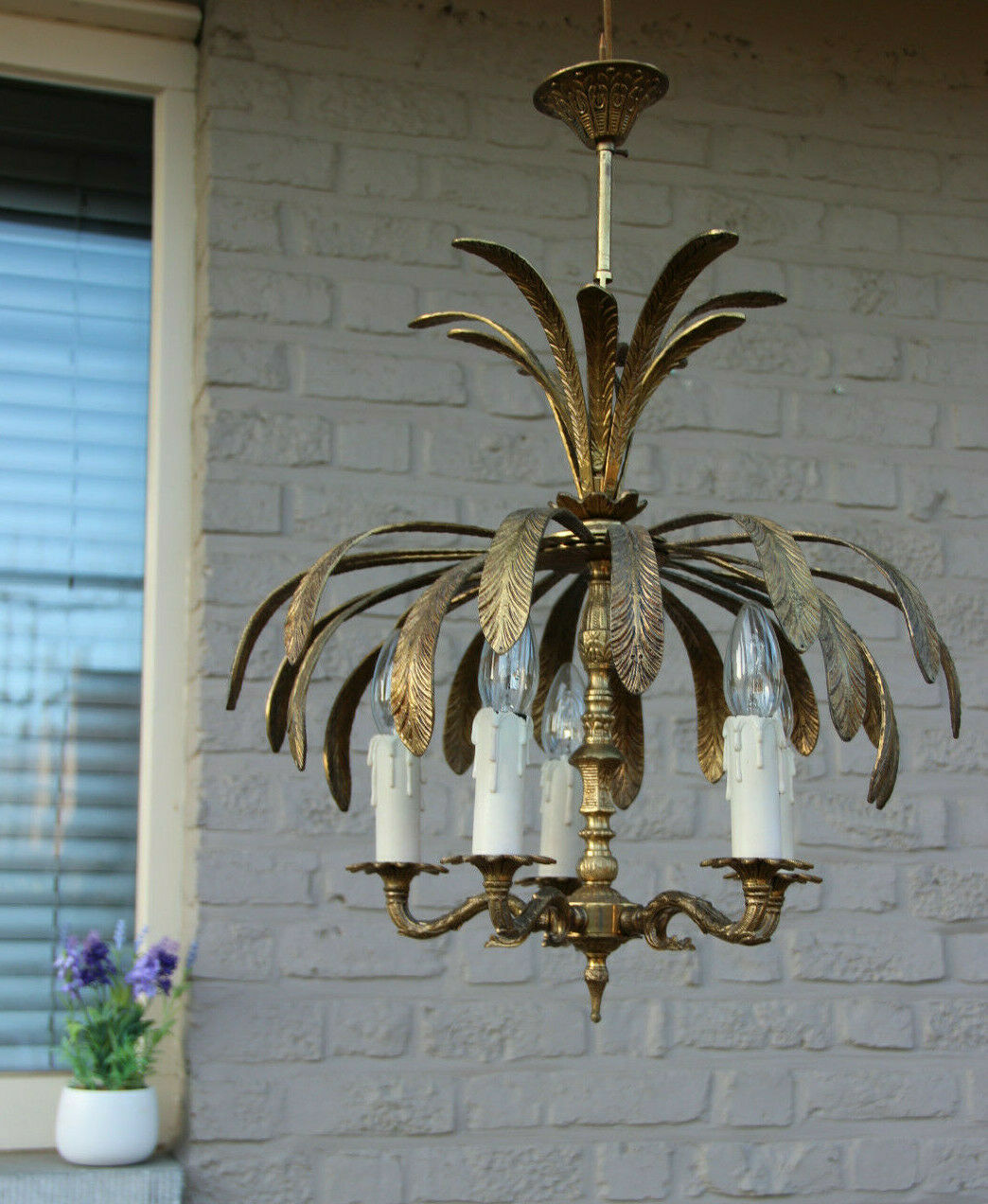 French Vintage 1970 Palm tree metal brass Chandelier 5 arms attr. maison jansen