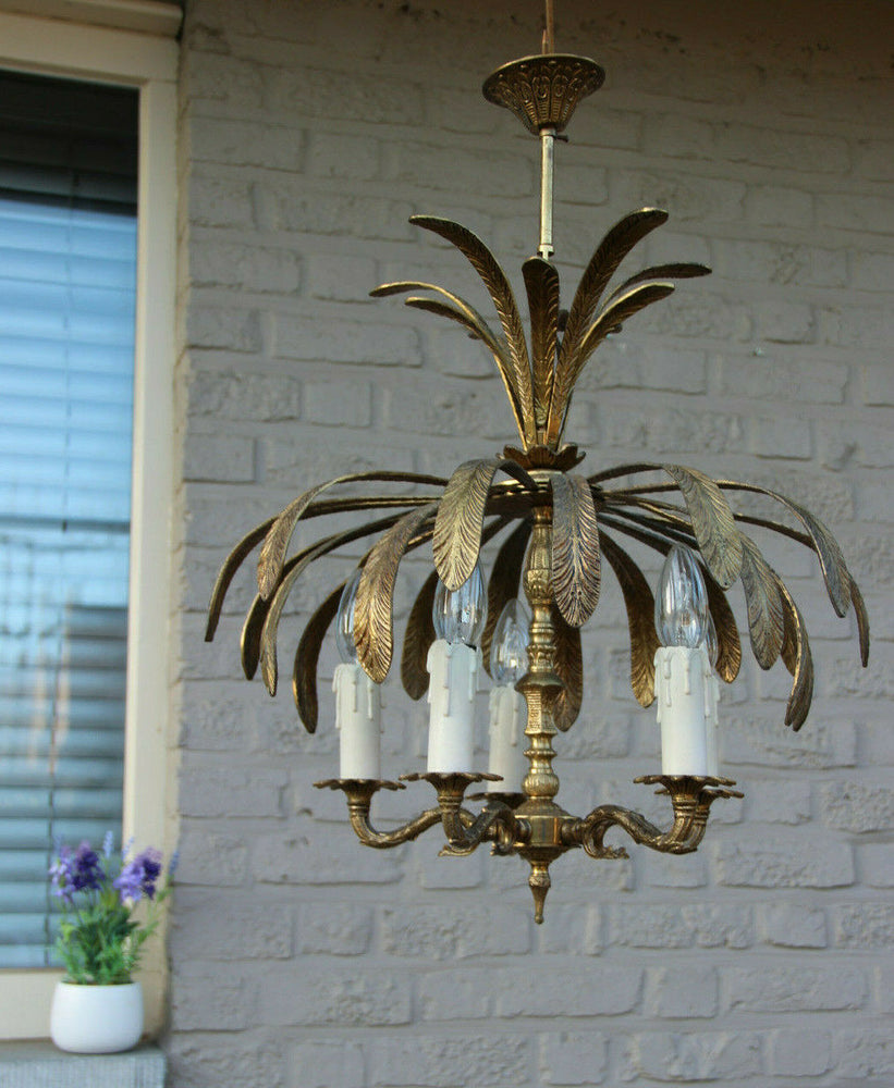 French Vintage 1970 Palm tree metal brass Chandelier 5 arms attr. maison jansen