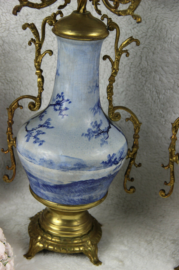PAIR delft blue white faience Candelabras candle holder mill landscape