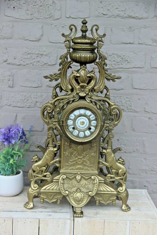 HUGE XL Bronze French antique Castle gothic lion dragon mantel clock