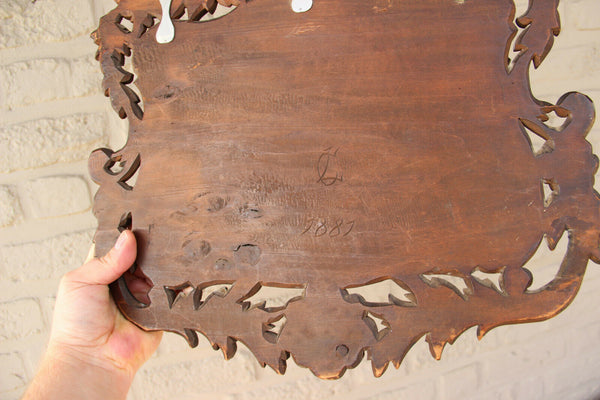 Antique XL Black Forest Wood carved letter holder Bruges LAce carriage 1881