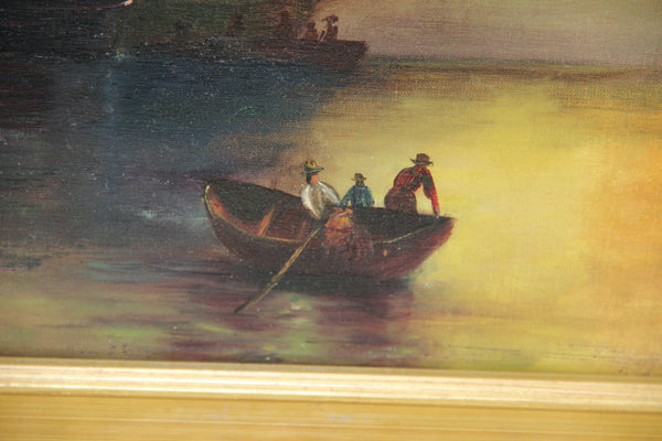 Gorgeous Flemish oil canvas 1933 Signed Painting Maritime Ship boats
