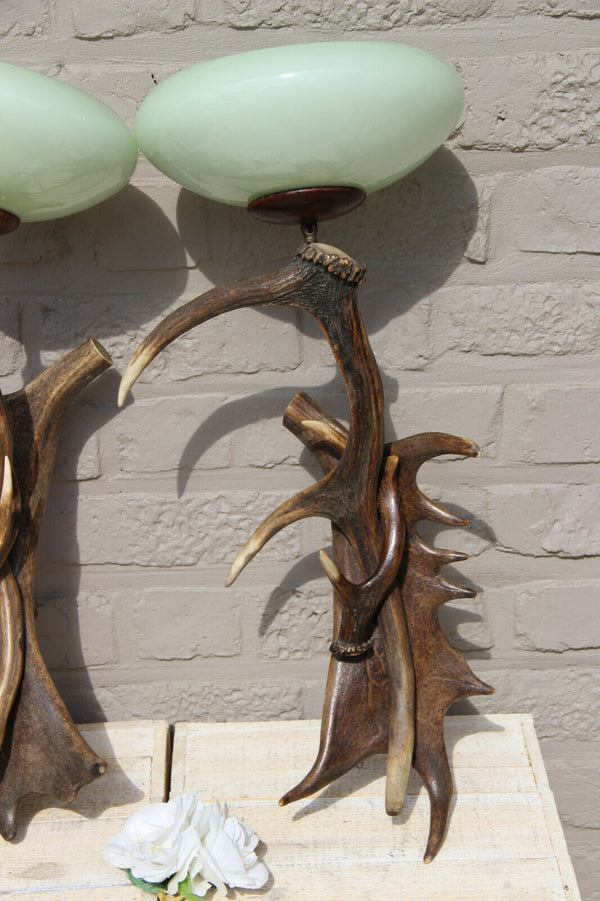PAIR vintage 1970 hunt cabin Deer antler Sconces wall lights opaline shades