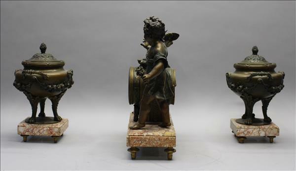 Antique French spelter Bronze clock garniture Vases urns cherubs marked Bruchon