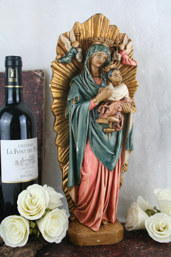 Antique French Plaster polychrome rare Madonna Mary putti angels statue figurine