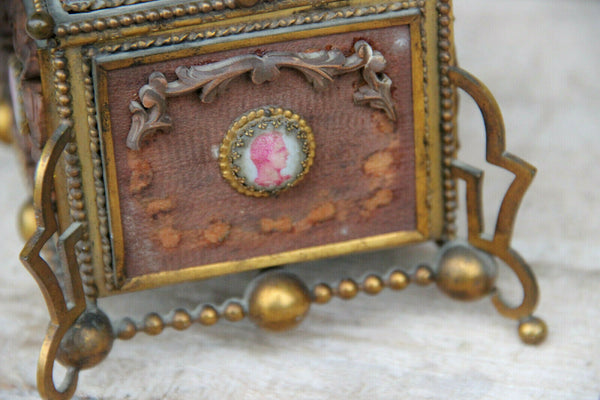 Vintage French Wood carved brass box knight medaillons plaques