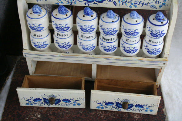 Vintage 70's Kitchen rack wood delft blue white pottery 6 shakers herbs