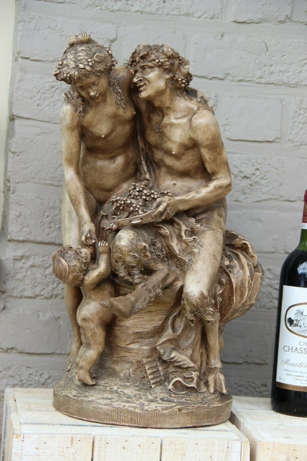 huge antique terracotta Faun Bacchus nymph Statue group after CLODION marked