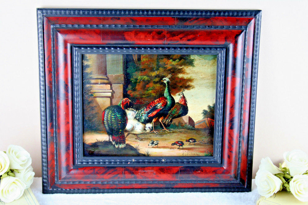 ALBERTUS VERHOESEN Dutch listed artist oil copper peacock chicken painting