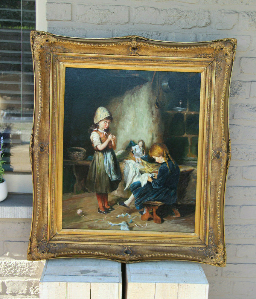 Stunning Flemish kids playing doll interior  oil canvas vintage painting 1970s