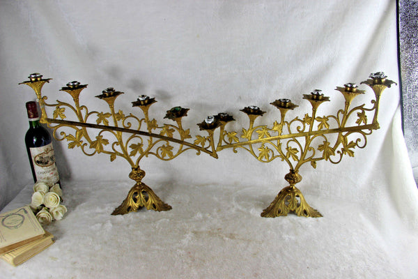 PAIR altar church candelabras candle holders 6 arms 1930 Brass floral religious