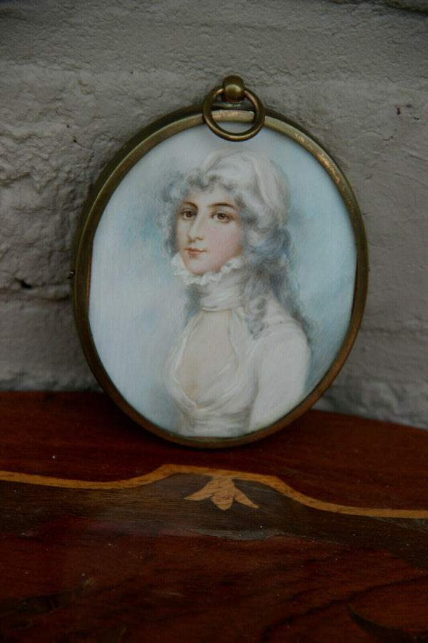 Antique French parisian 1900 Miniature portrait painting aristocratic lady
