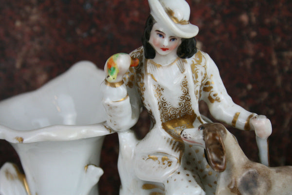 French antique old paris porcelain figurine / vase with hunting dog hunter 1930