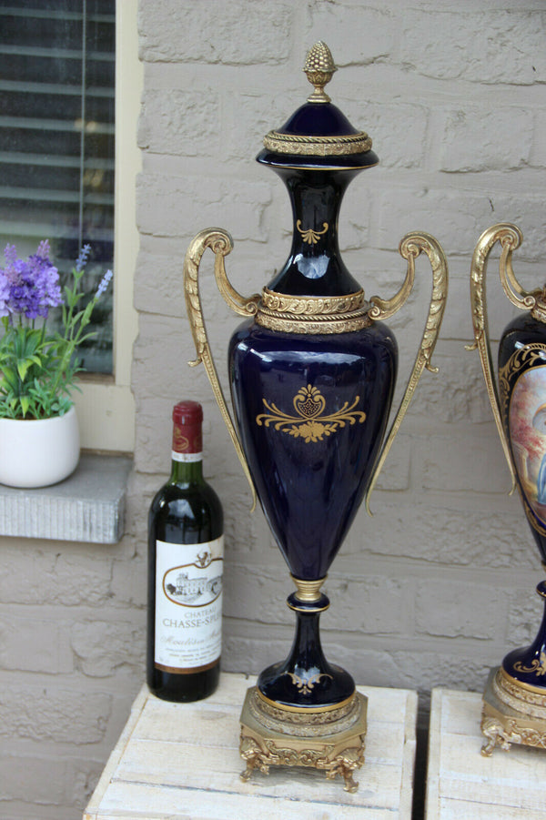 XL pair French sevres blue porcelain romantic victorian Vases marked lion head