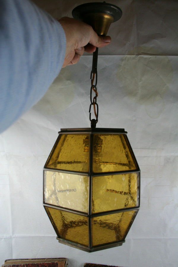 1930 ART DECO amber honeycomb coloured glass French pendant chandelier lamp