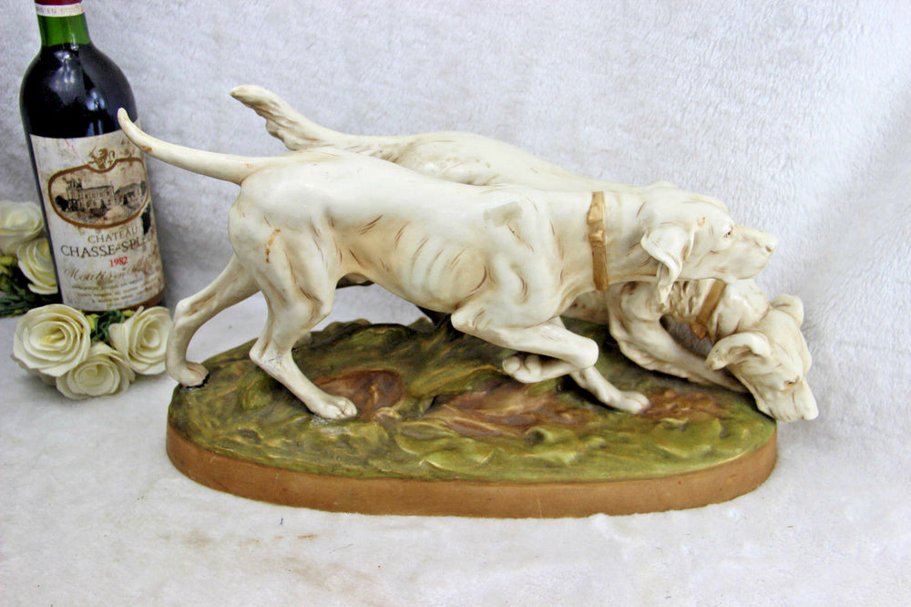 Superb pair antique Royal Dux porcelain  marked hunting dogs statue group