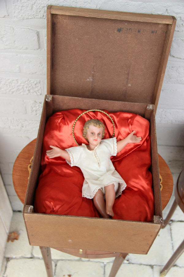 Antique Religious christmas nativity baby jesus child wax figurine box straw