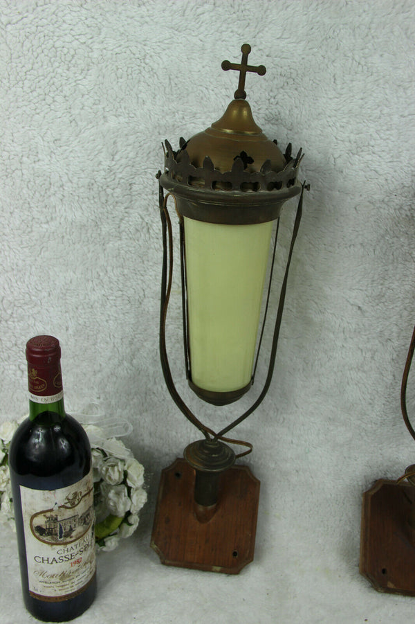 Antique French pair religious procession wall lights sconces glas wood metal