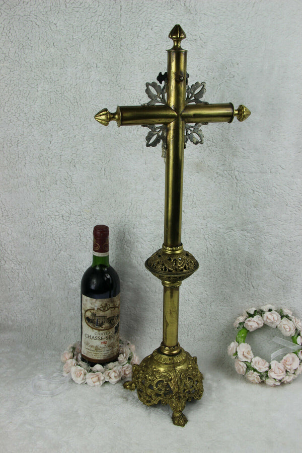 Antique XL French Altar religious 19thc Brass bronze Crucifix dragon heads base