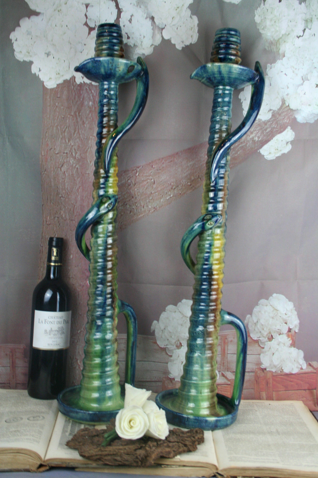 XXL PAIR Belgian Ceramic barbotine Candle holders snakes art nouveau 1900