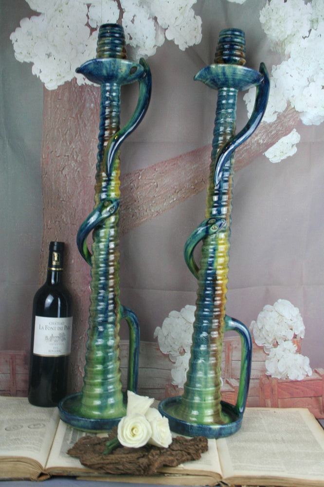 XXL PAIR Belgian Ceramic barbotine Candle holders snakes art nouveau 1900