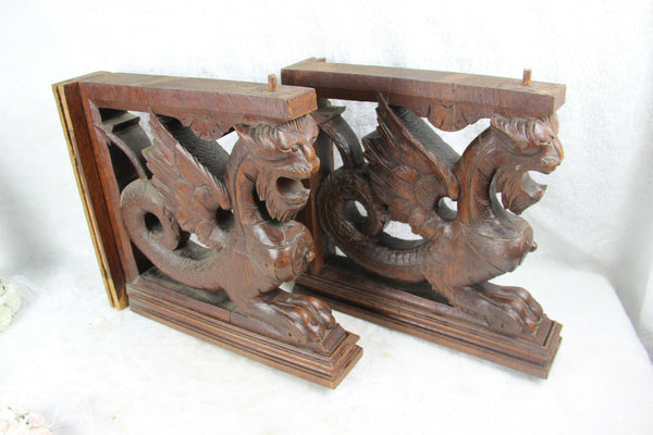 PAIR large gothic dragon Griffin wood carved statue figurines hunting cabinet