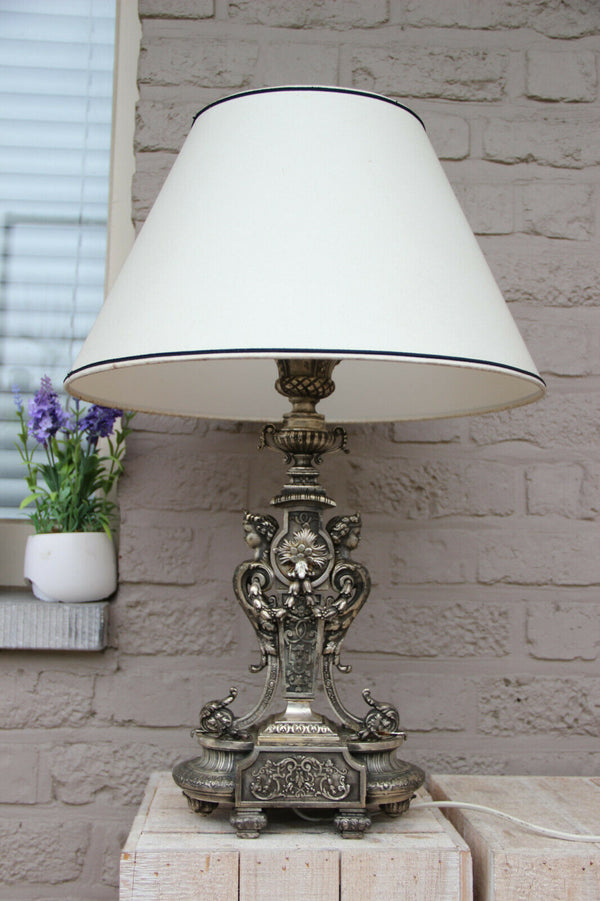 French Vintage bronze silver patina Caryatid angel cherub winged figurines lamp