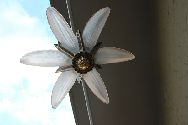 French art deco 6 Glass frost Shells brass metal Chandelier pendant