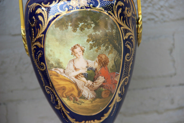 PAIR French Sevres Limoges cobalt blue romantic Scene Vases