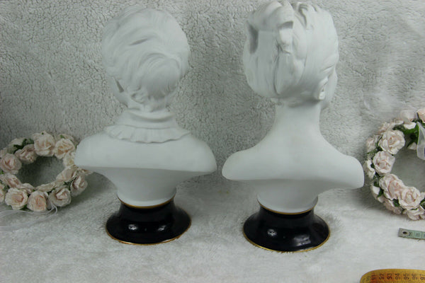 PAIR xl  french Tharaud Limoges d'après Houdon bisque porcelain buste boy girl