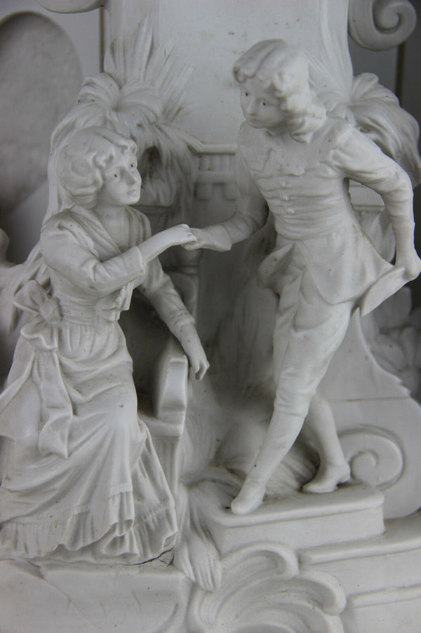 French vintage Bisque porcelain romantic couple clock group 1960