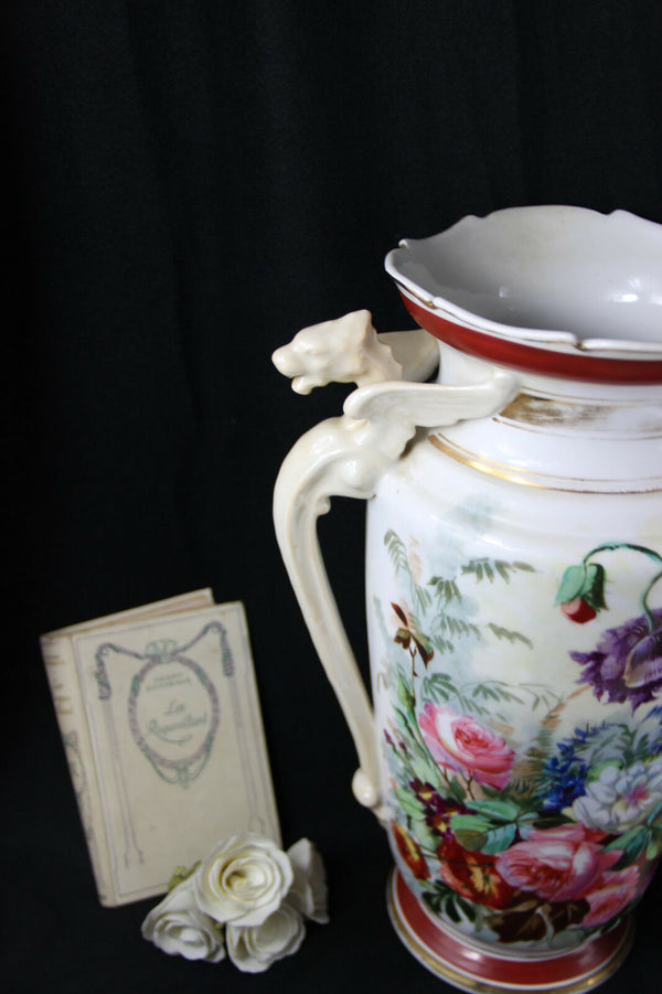 LARGE Antique French Porcelain Dragon gothic handles Vase floral decor